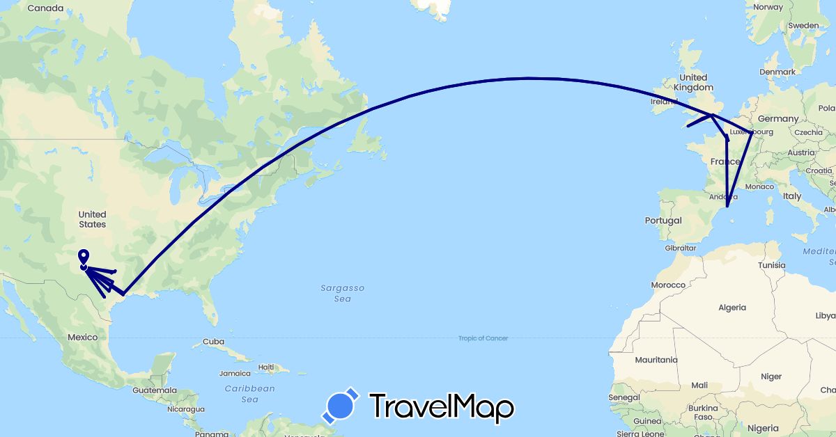 TravelMap itinerary: driving in Spain, France, United Kingdom, Luxembourg, United States (Europe, North America)